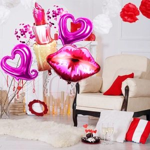 Folienballon Set in Lippenstift und Herzform für Party Deko in Rot und Gold