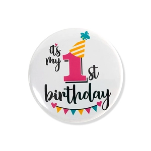 Cartoon tinplate 1st birthday badge for kids featuring party hat and bunting decor