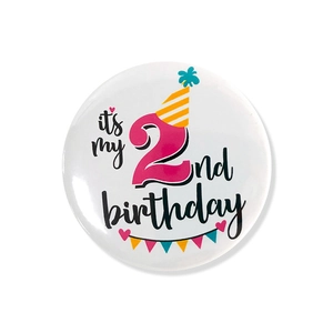Cartoon tinplate 2nd birthday badge with it's my birthday text and party icons