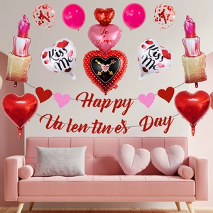 Valentine's Day decoration set with lipstick balloons and red heart balloons in a romantic room