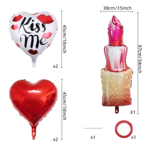 Detailed view of Valentine foil balloons including lipstick shape and Kiss Me heart designs