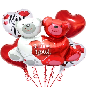 Valentine's Day balloon set featuring hugging bears, I Love You heart balloons and red ribbons