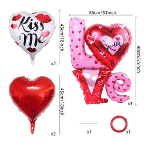 Detailed set of Valentine heart and LOVE balloons with Kiss Me print and size dimensions