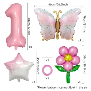 Pink number 1 butterfly and daisy foil balloon set for girl's 1st birthday party decor
