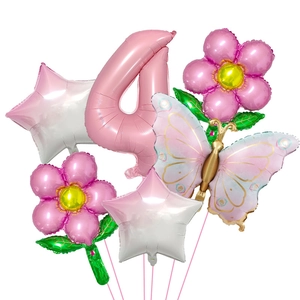 Pink butterfly daisy foil balloon set with number 4 for girl 4th birthday party decoration