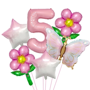 Butterfly and daisy foil balloon set with pink number 5 for girl birthday party decor