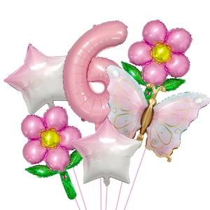 Pink number 6 butterfly and flower foil balloon set for girl's 6th birthday party decoration