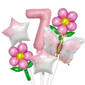Detailed set of butterfly and daisy foil balloons for girl 7th birthday party decor