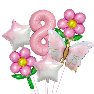 Pink butterfly and flower foil balloon set with number 8 for birthday party decoration
