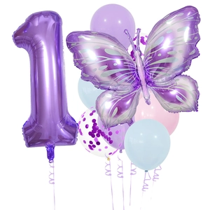 Detail von lila Schmetterlings- und Nummer 1 Folienballons für Mädchen-Geburtstag