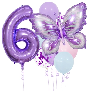 Detail von lila Nummer 6 und Schmetterling Folienballon Set für 6. Geburtstag Deko