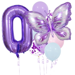 Details von violetten Zahlenballons und Schmetterlingsfolienballons mit Konfetti-Latexballons