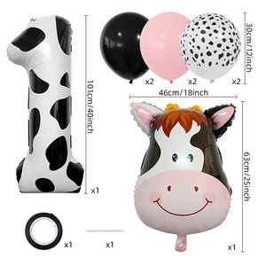 Kit ballons anniversaire thème vache avec chiffre 1 en aluminium et têtes de vache