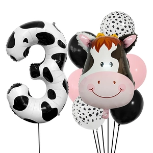 Kit de ballons 3e anniversaire thème vache avec chiffre 3 à motif et tête de vache