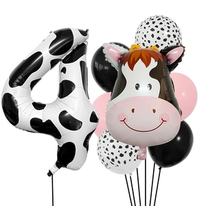 Set de ballons 4ème anniversaire thème vache avec chiffre 4 et ballons en aluminium