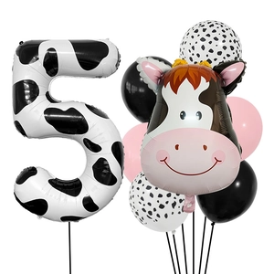 Kit ballons 5ème anniversaire thème vache avec chiffre cinq imprimé animal et tête de vache