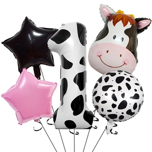 Detailed set of 5 cow print foil balloons including giant number one for birthday decor
