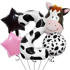 Detailed set of cow print number 2 and cartoon cow balloons for farm birthday party decor