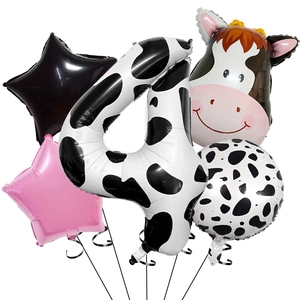 Cow print party balloon set with number 4 and cartoon cow head for birthday decor
