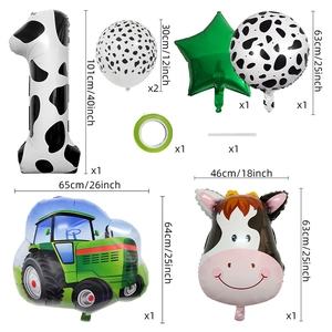 Cow farm party balloon kit with number 1 foil balloon and green tractor decoration