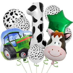 Farm theme party balloon set with green tractor, cow shape and number 1 foil balloons