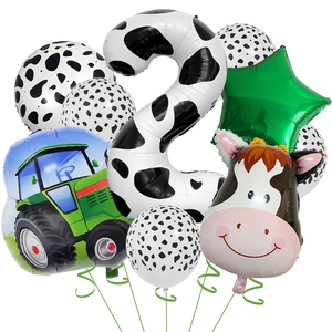 Detail of 9-piece farm cow theme balloon set with number 2 and green tractor