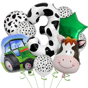Farm theme 3rd birthday balloon set with cow patterns and green tractor decorations