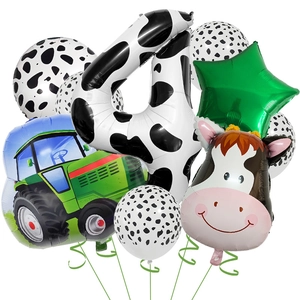 Farm theme 4th birthday balloon set with cow print number 4 and green tractor foil balloon