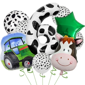 Farm animal cow theme 6th birthday balloon set with tractor and foil star decorations