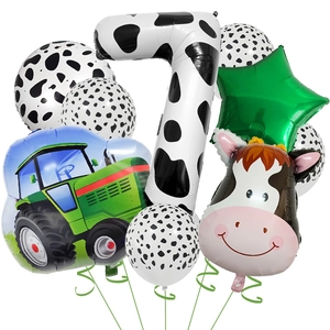 7th birthday farm party kit with cow print number 7 and green tractor foil balloon