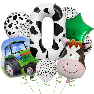 Cow print balloon set with tractor and number zero for farm theme party decoration