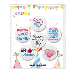 Nurse appreciation gift set featuring six tinplate badges with medical symbols on a card