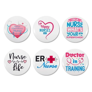 Set of six tinplate nurse badges with medical motifs and Happy International Nurses Day text