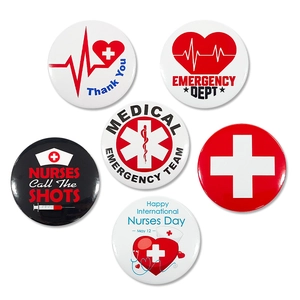 Set of 6 medical nurse tinplate button badges with heart and heartbeat illustrations