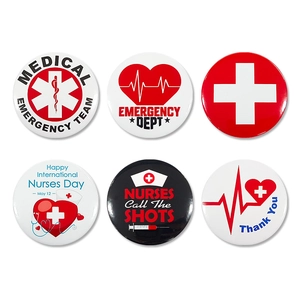 Detail of 6-piece tinplate nurse badges featuring medical icons and professional quotes