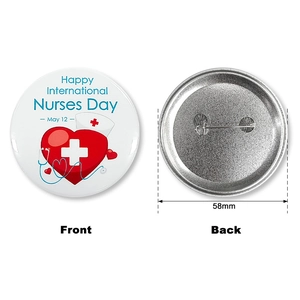 Detail of 58mm Happy International Nurses Day badge showing front design and back pin