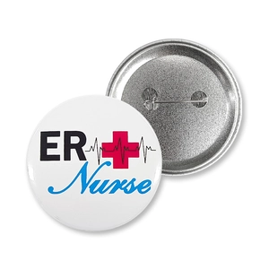 Detail view of the ER Nurse tinplate badge featuring medical icons and metal pin backing