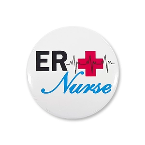 Close-up of nurse pin badge with ER text, medical cross and heartbeat line design