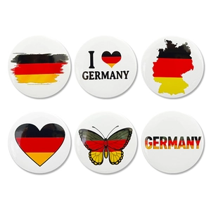 Set of six Germany flag theme tinplate badges with heart and map designs for fans