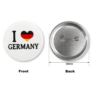Detailed front and back view of a 58mm I Love Germany tinplate badge with safety pin