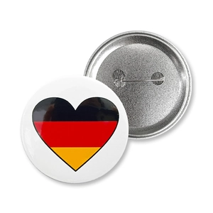 Round tinplate badge with Germany flag heart design and metal pin back attachment