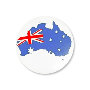 Detailansicht eines runden Blechansteckers mit Australien-Flaggen-Karten-Design