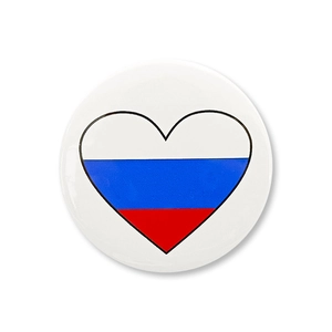 Detail of round tinplate badge featuring a heart-shaped Russian flag design