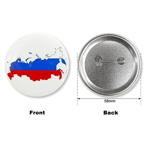 Custom 58mm Russia flag map tinplate pin badge showing front and back views