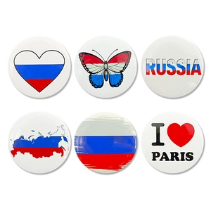 Set of 6 France and Russia flag tinplate badges with heart and map designs for parties