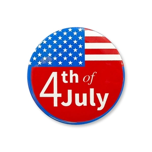Detail of 4th of July tinplate badge featuring US flag patterns and festive lettering