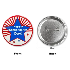 Front and back view of 58mm Independence Day tinplate button pin with safety pin