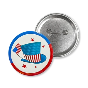Independence Day tinplate badges with American flag top hat design and pin back