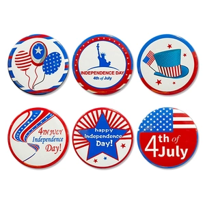 Set of 6 USA Independence Day tinplate badges with American flag and patriotic symbols