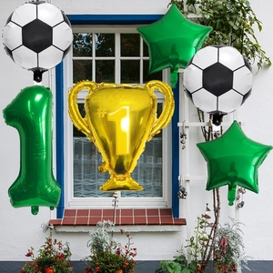 6-piece football balloon set with golden champion trophy and green star foil balloons